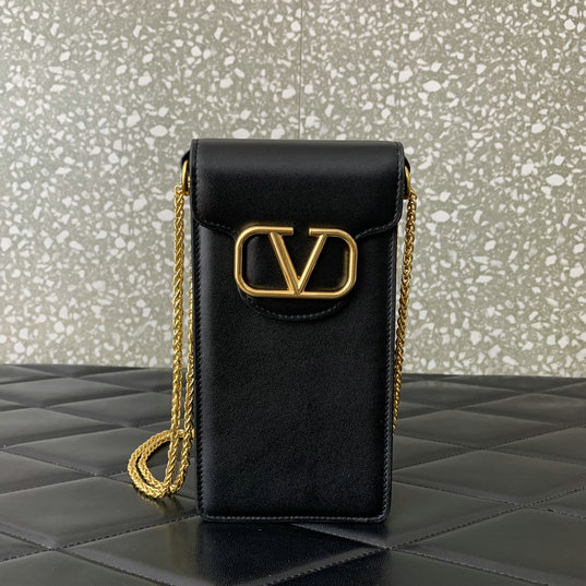2023 Valentino Locò Phone Case with chain in Black Calfskin Leather