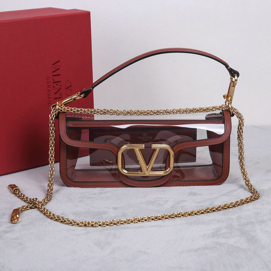 2023 Valentino Locò Shoulder Bag in Transparent Polymeric Material with saddle brown leather trim