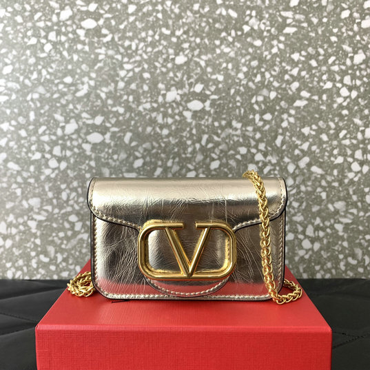 2023 Valentino Micro Locò Bag in crackle-effect metallic calfskin leather