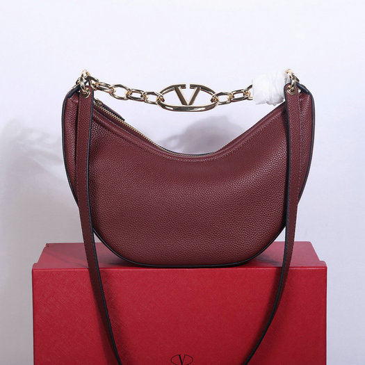 2023 Valentino Moon Small Hobo Bag in Burgundy Leather with chain