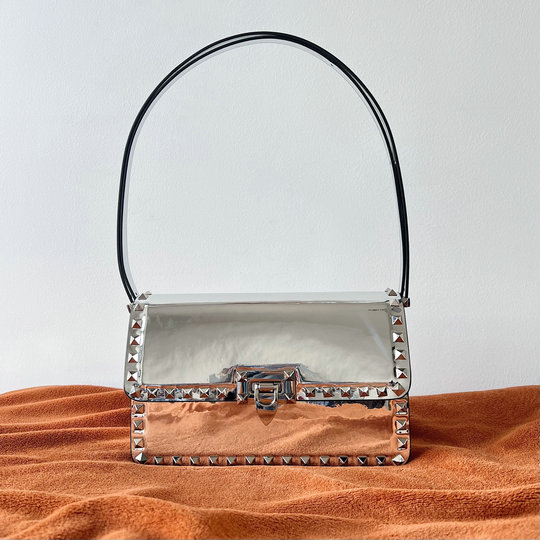 2023 Valentino Rockstud23 Shoulder Bag in Silver Mirror-effect Calfskin