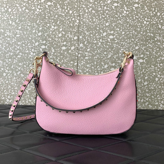 2023 Valentino Rockstud Small Hobo Bag in Pink Grainy Calfskin - Click Image to Close