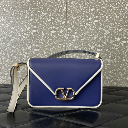 2023 Valentino Small Shoulder Letter Bag in Two-tone Smooth Calfskin Navy/White