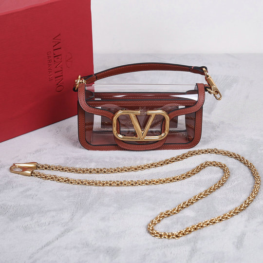 2023 Valentino Small Locò Shoulder Bag in Transparent Polymeric Material with saddle brown leather trim
