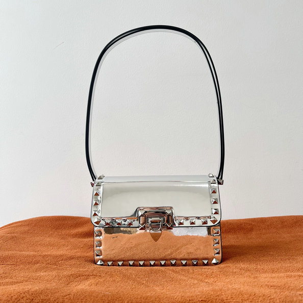 2023 Valentino Small Rockstud23 Shoulder Bag in Silver Mirror-effect Calfskin