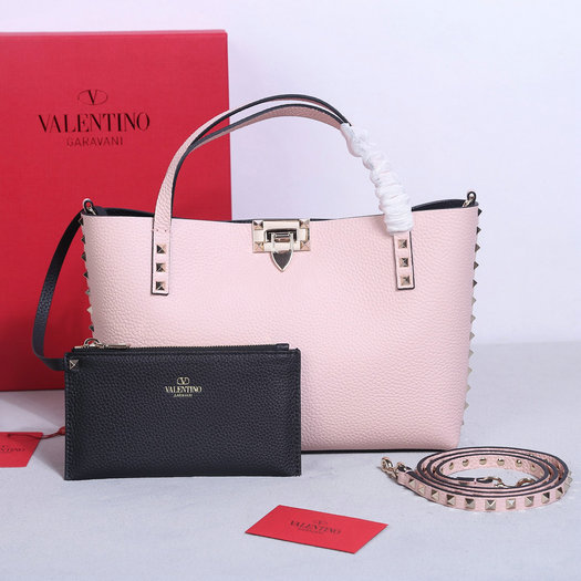 2023 Valentino Rockstud Small Tote Bag in Pink/Black Grainy Calfskin Leather - Click Image to Close