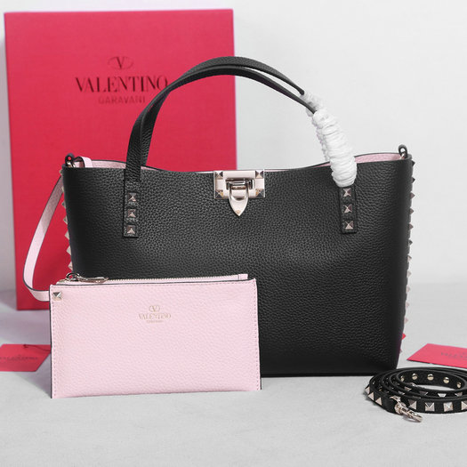 2023 Valentino Rockstud Small Tote Bag in Black/Pink Grainy Calfskin Leather - Click Image to Close
