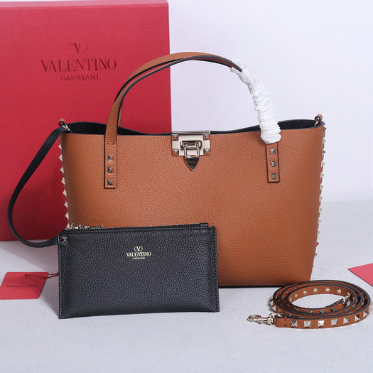 2023 Valentino Rockstud Small Tote Bag in Brown/Black Grainy Calfskin Leather