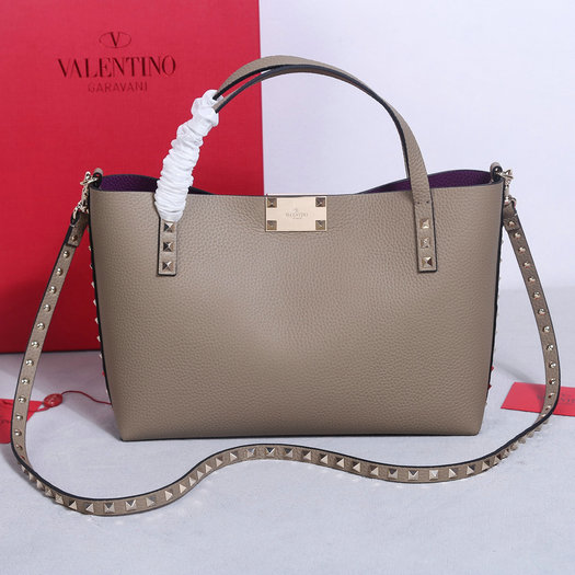 2023 Valentino Rockstud Small Tote Bag in Grey/Purple Grainy Calfskin Leather