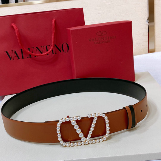 2023 Valentino VLogo Signature Reversible Belt in tan calfskin with pearls