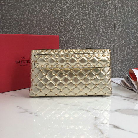2018 Valentino Rockstud Spike Pouch Clutch in Gold Lambskin Leather
