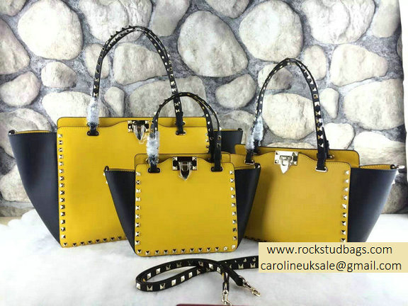 Valentino Small Rockstud Two-tone Tote 2015 Yellow/Black - Click Image to Close