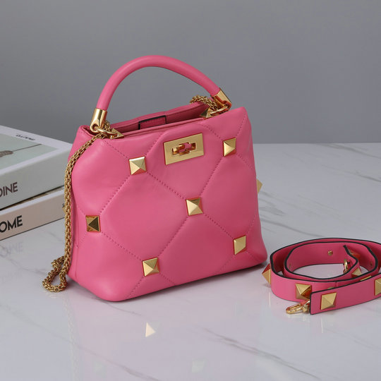 2021 Valentino Small Roman Stud The Handle Bag in Flamingo Pink Nappa ...
