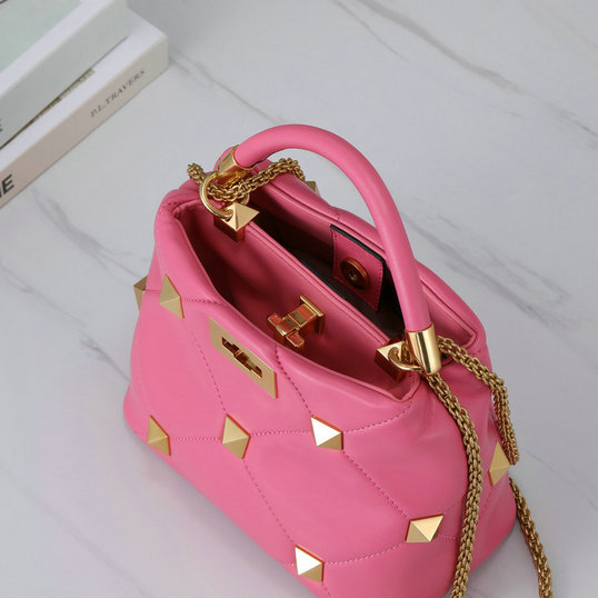 2021 Valentino Small Roman Stud The Handle Bag in Flamingo Pink Nappa ...