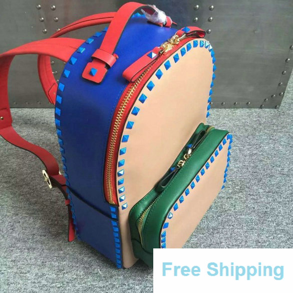 2016 Resort Valentino Beige/Blue/Pink/Green Four-Color Rockstud Medium Backpack Bag