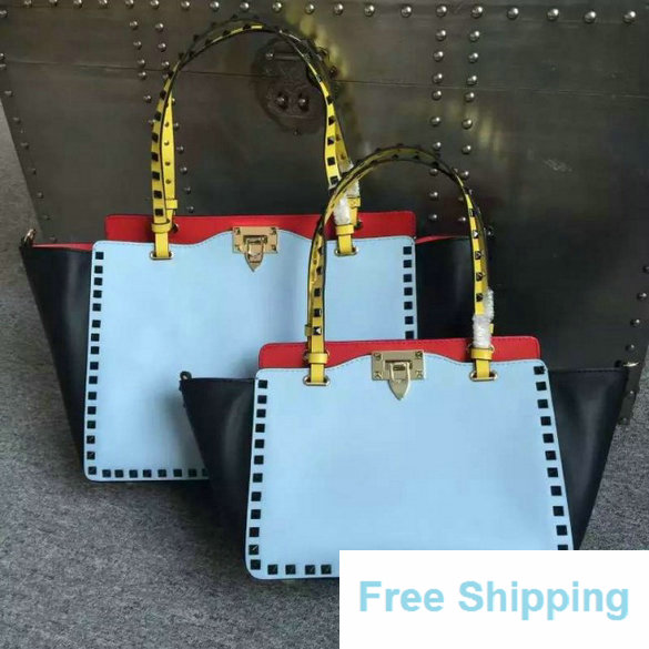 2016 Resort Valentino Beige/Blue/Pink/Green Four-Color Rockstud Small Tote Bag - Click Image to Close