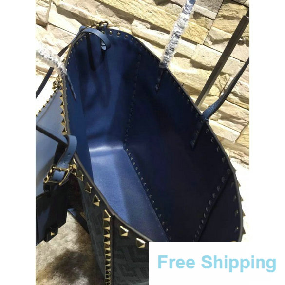Valentino Jacquard Fabric Rockstud Double Large Reversible Tote Blue - Click Image to Close