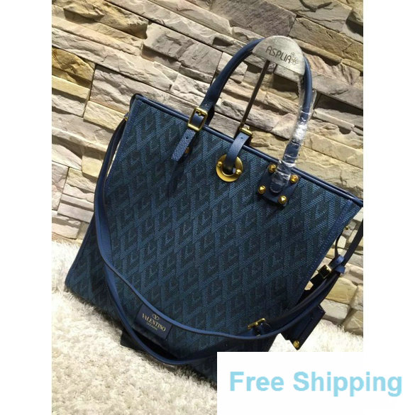 Valentino Rockstud Jacquard Fabric Top Handle Bag in Blue