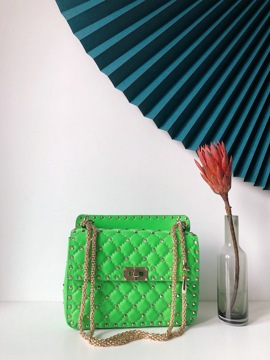 2020 Valentino Medium Rockstud Spike Fluo Calfskin Leather Bag in Green