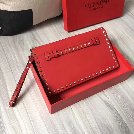 New Valentino Rockstud Clutch in Red Leather